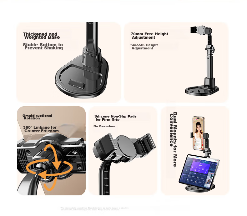 STEK Dual-Device Stand Mobile Phone Desktop Holder Adjustable Lazy Support Telescopic Lift 360° Rotation for Live Streaming Online Classes Video Recording and Watching 3