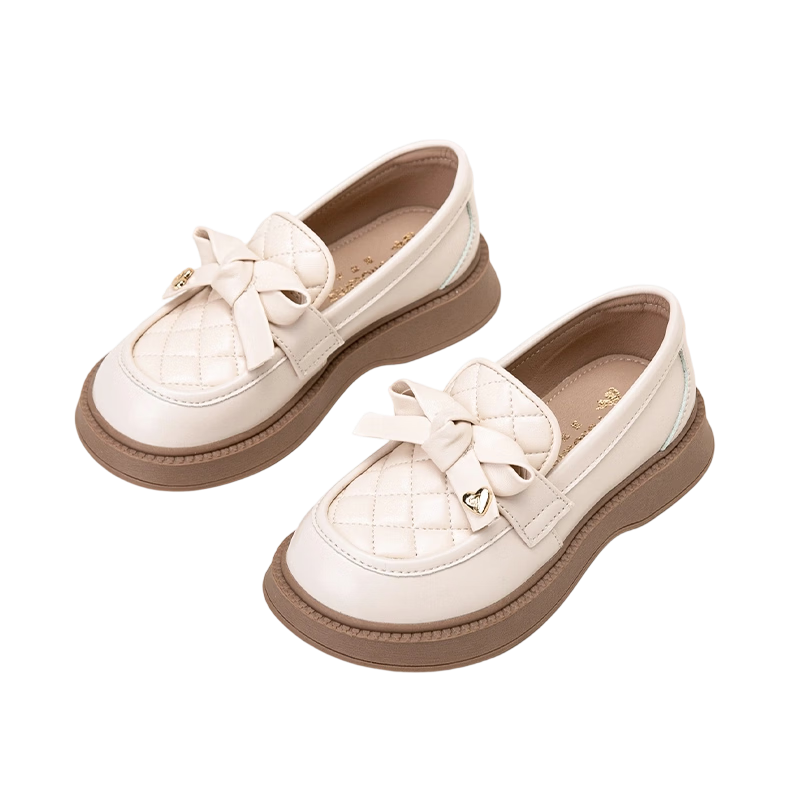Fulomi Girls' Leather Shoes Little Chanel Style Soft Sole Princess Flats Children's Black Fashion Performance Shoes Off-White Size 27