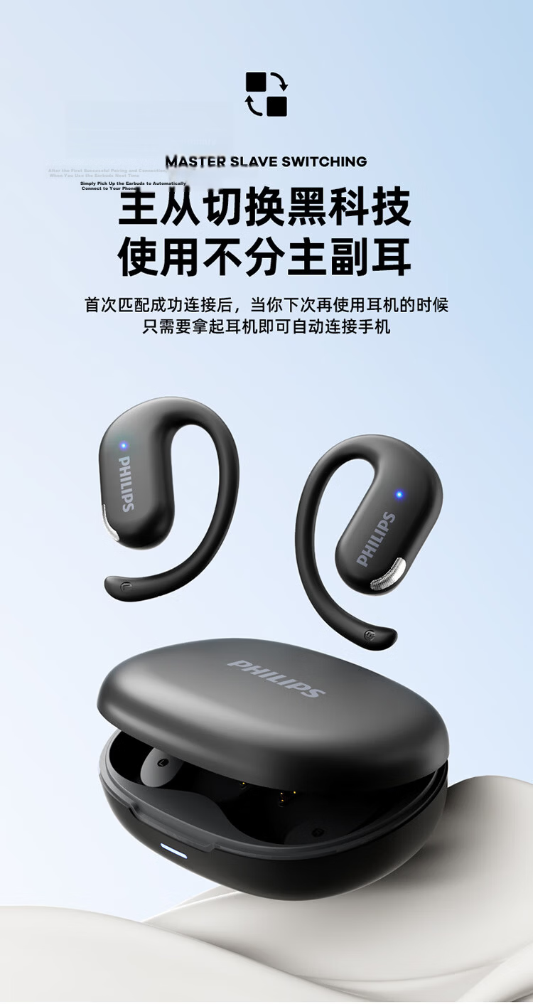 PHILIPS New Bluetooth Earphones Ear-Hook Sports Wireless Bluetooth Earphones Long Battery Life Open Noise-Cancelling Bone Conduction Earphones for Apple Huawei TAT2739 Black 6