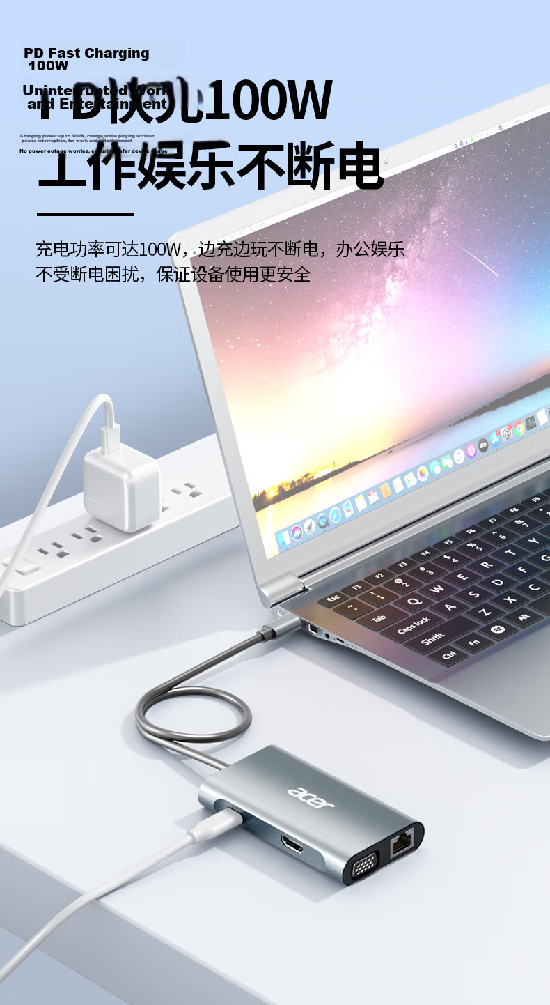 Acer Type-C Expansion Dock Gigabit Ethernet Port Network Cable Adapter USB3.0 Hub Wired Network Card RJ45 Converter HDMI4K60Hz High-Definition PD Charging Expansion Dock 6