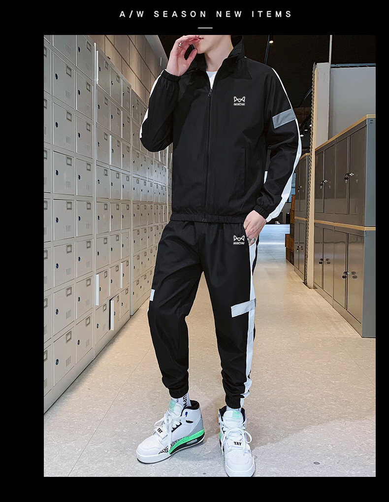 Miiow Men's Long Sleeve Set Spring Autumn Stylish Versatile Sports Stand Collar Jacket and Pants Two-Piece Set Gray 3XL 4
