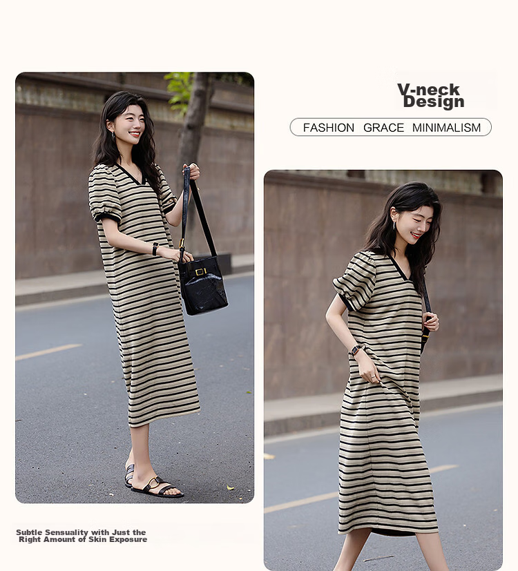 Demana Women's Summer V-Neck Striped Puff Sleeve Ribbed Splice Loose Knit Dress with Soft Cloud Cotton 6