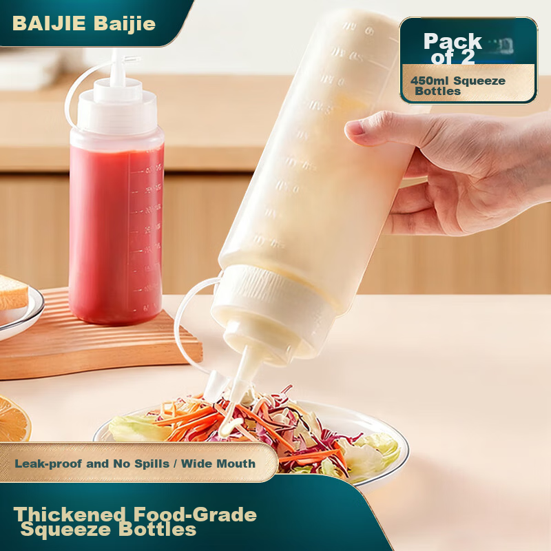 Baijie Squeeze Bottle Food Grade Ketchup Salad Squeeze Bottle Sauce Honey Jam Juice Condiment Bottle 2-Pack 450ml