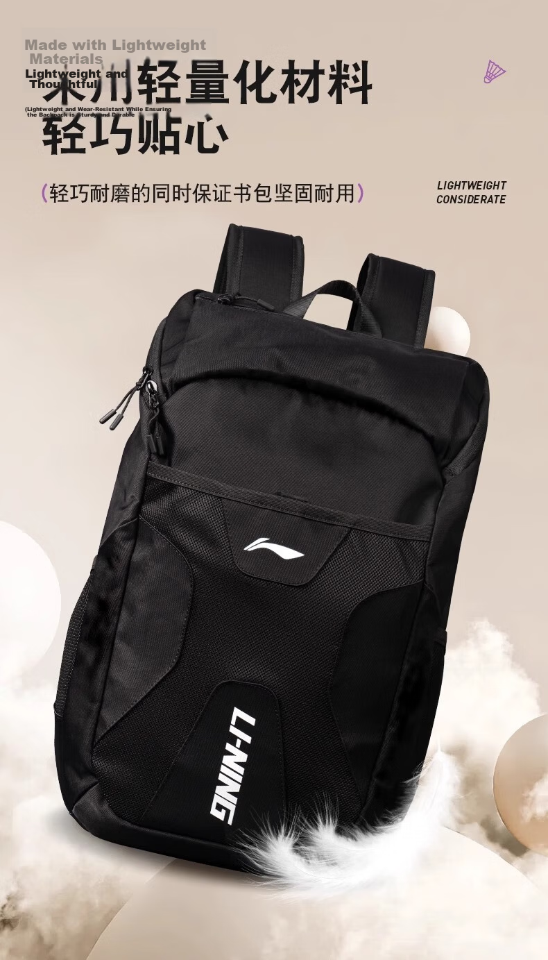 LI-NING Unisex Large Capacity Backpack Travel Bag Casual Student School Bag Hiking Laptop Bag Black 8