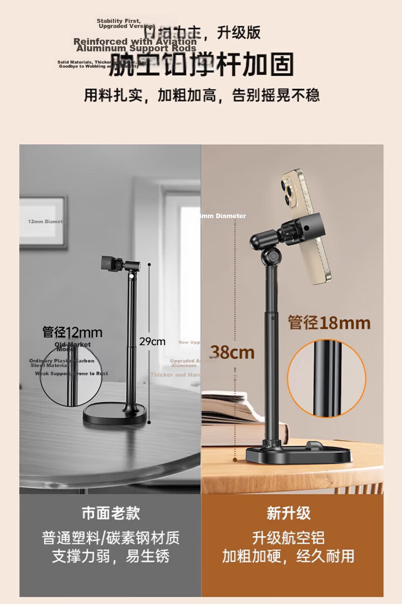Lingchen Adjustable Desktop Phone Stand for Selfie Live Streaming, Universal for iPad Tablet, Lazy Video Watching, Rotatable Multifunctional Phone Holder, Cool Black 5