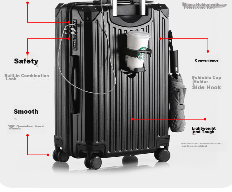 Vantiiear USB Charging Luggage with Cup Holder, Small Carry-On Suitcase for Men And Women, Travel Case with Password Lock, Black, 20 Inches 8