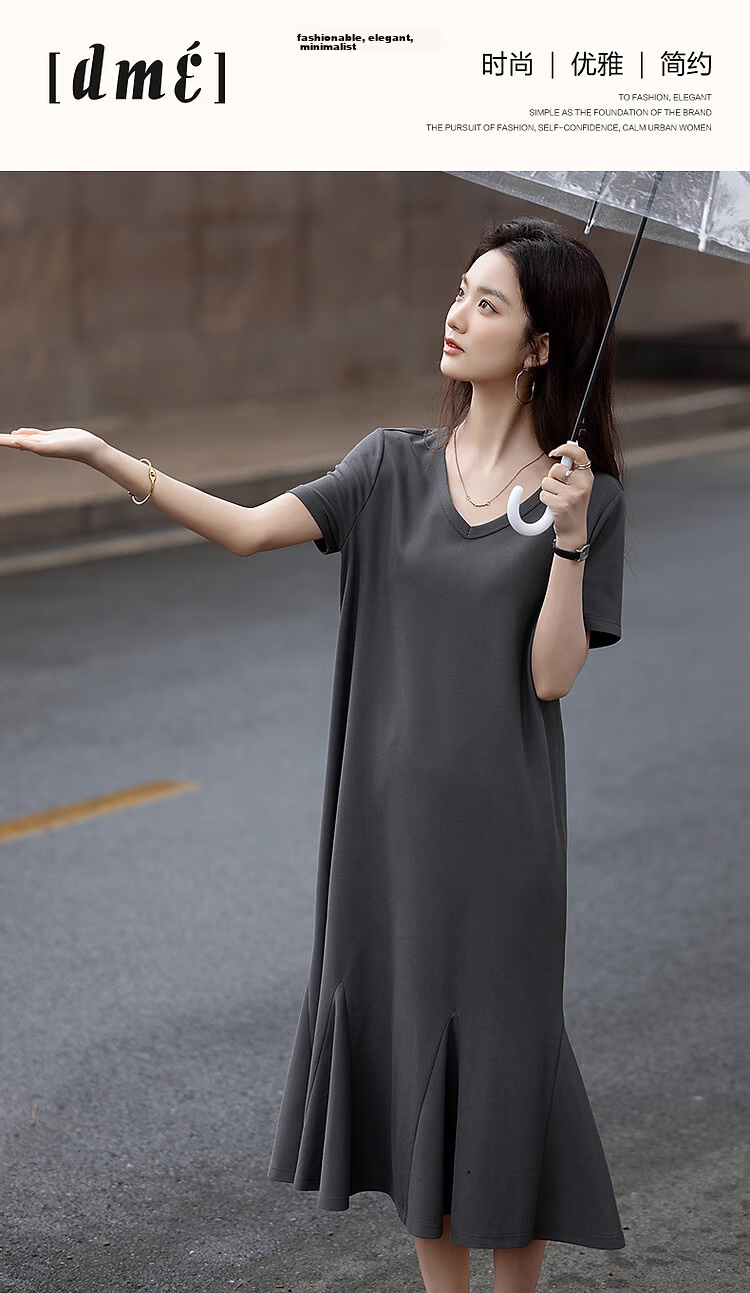 Demana Gentle Cloud Cotton Summer Relaxed V-Neck Loose Patchwork Hem Knitted Mid-Length Straight Women's Dress 1