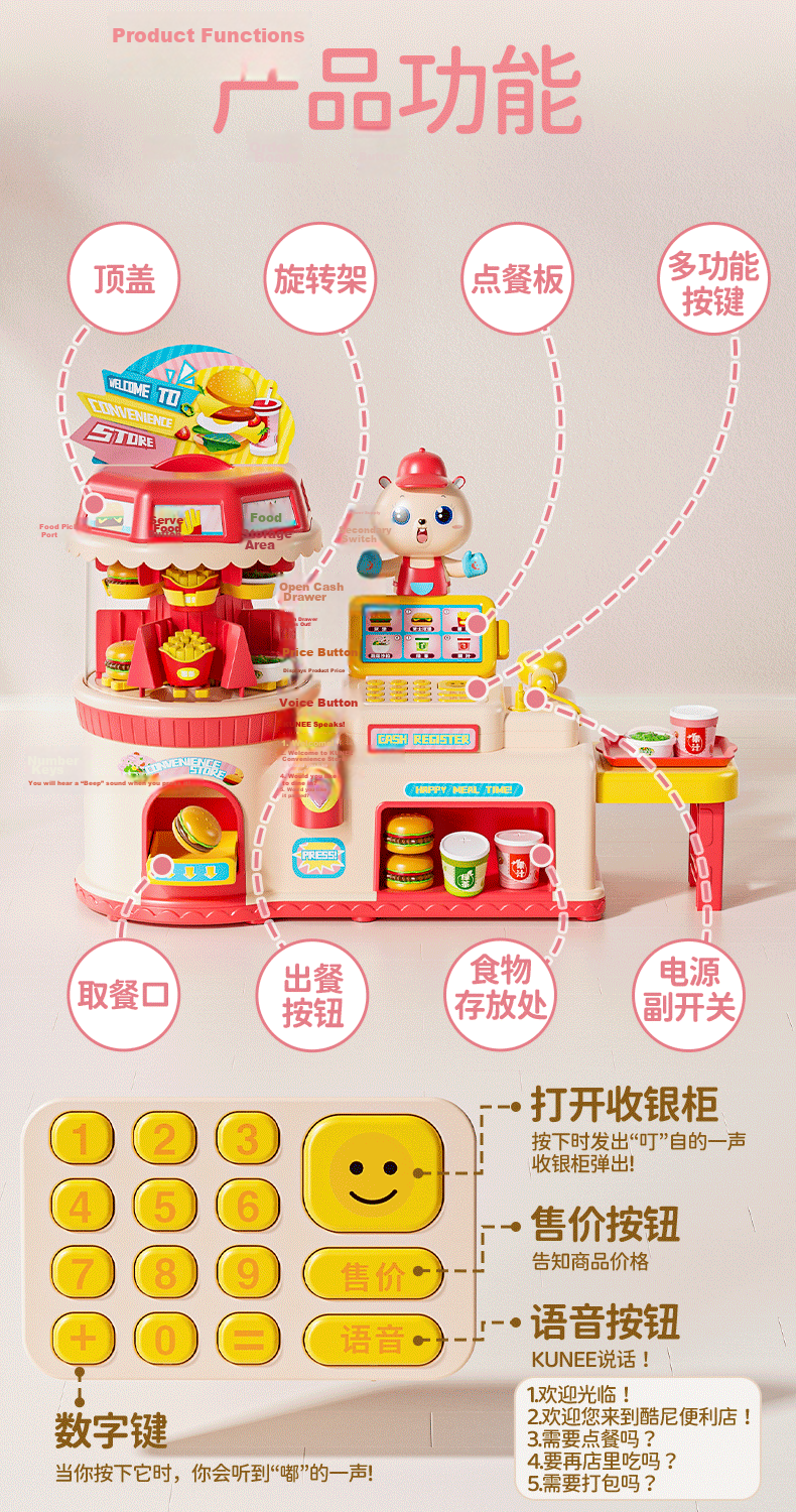 Kakabeier [Voice Interaction/One-Button Meal Serving] Children's Toy Role-Play Kitchen Realistic Supermarket Cash Register Convenience Store 12