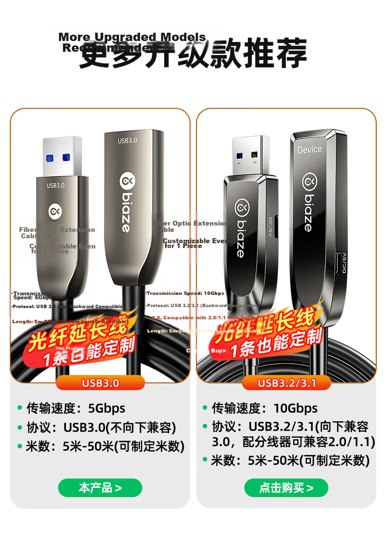 BIAZE Fiber Optic USB 3.0 Extension Cable Male to Female VR Camera Extension with Power Supply for Kinect DK Industrial Camera Security Video Cable 15m 2