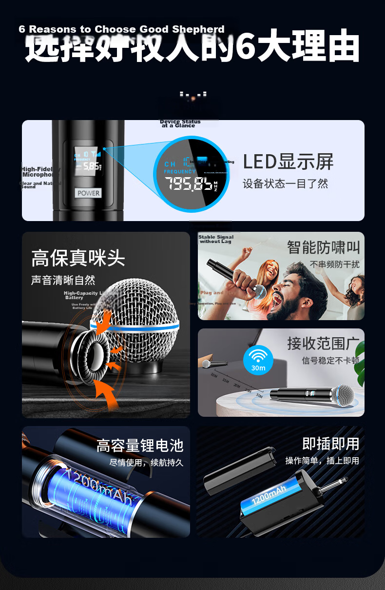 Haomuren Rechargeable Universal Wireless Microphone, Home KTV Singing, Stage Hosting, Speech, Conference, Professional Outdoor Karaoke, TV Speaker, Amplifier, FM Universal One-To 6