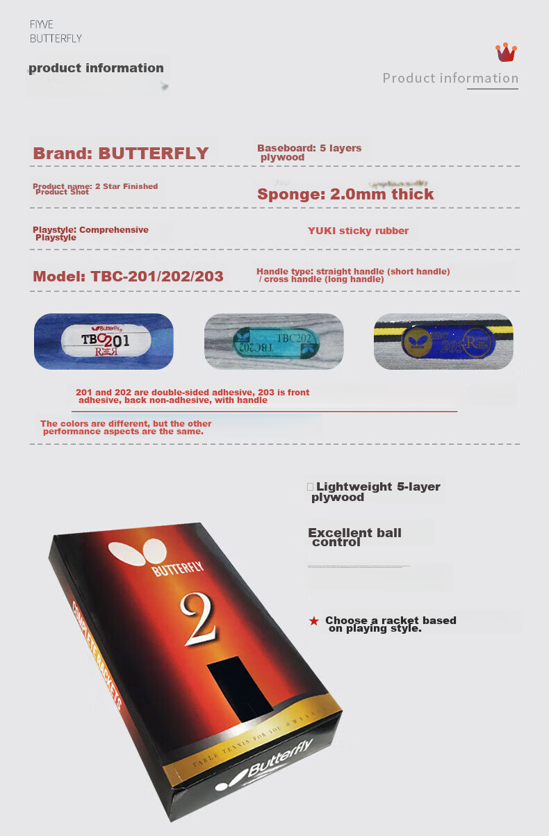 BUTTERFLY Table Tennis Racket, Double-Sided Reverse Rubber, 5-Ply Blade, Two-Star Player's Racket 202- Straight Handle/single Racket, Includes Racket Case 2