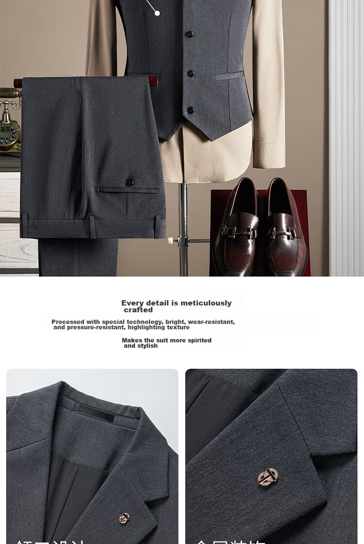 ROMON Men's Business Suit Set [Blazer + Vest + Trousers] Dark Gray 2XL 11