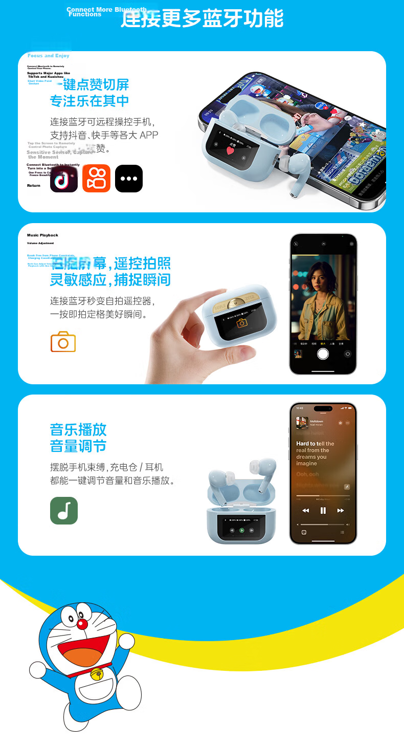ROCK Doraemon Touchscreen Bluetooth In-Ear Earphones Soft Earplugs Noise Cancelling Call Long Battery Life Lossless Sound Sports Gaming Valentine's Day Gift for Men and Women 12