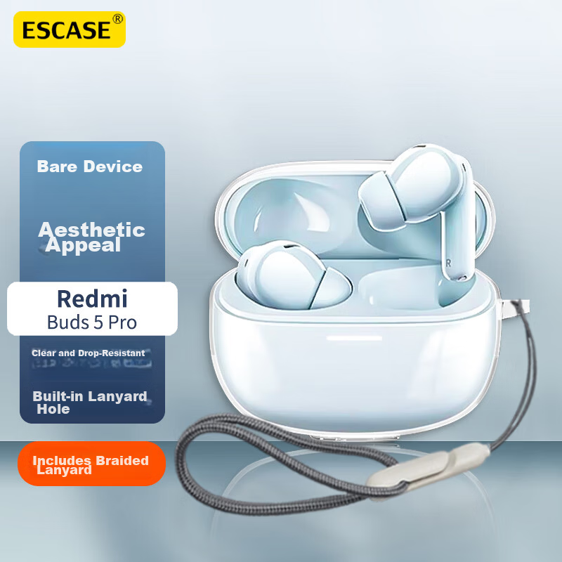 ESCASE Protective Case for Redmi Buds 5 Pro Wireless Bluetooth Earphones, Shockproof Dustproof Transparent Silicone with Naked Phone Aesthetic + Lanyard