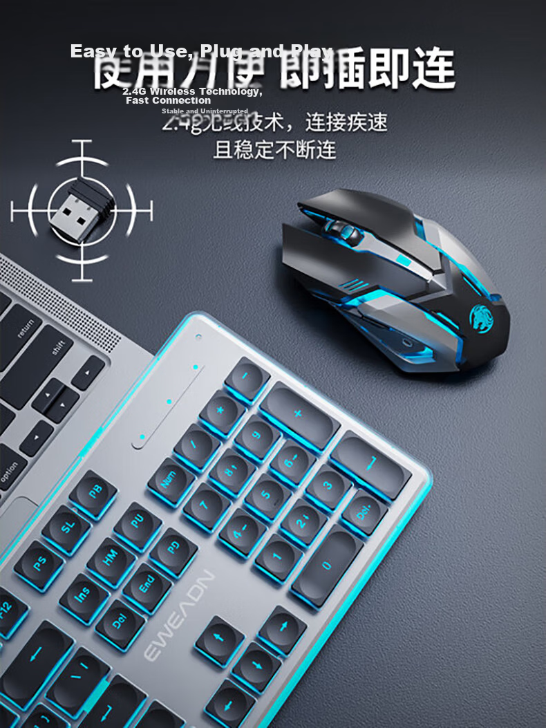 EWEADN X7S Wireless Keyboard Single Mode 2.4G True Mechanical Feel 104-Key Low-Profile Office Keyboard Compatible with Desktop and Laptop Rechargeable Membrane Keyboard Black Blue Light 3