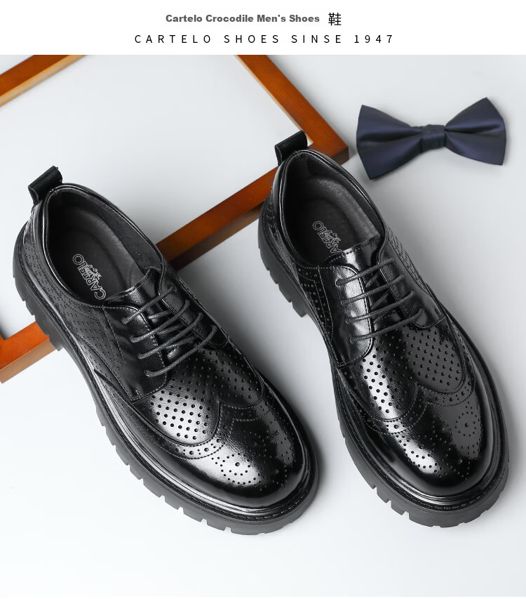 CARTELO British Men's Brogue Leather Shoes, Thick-Soled Heightening Business Casual Leather Shoes, Breathable Cowhide Shoes for Men, 9961 Black, Size 41 15