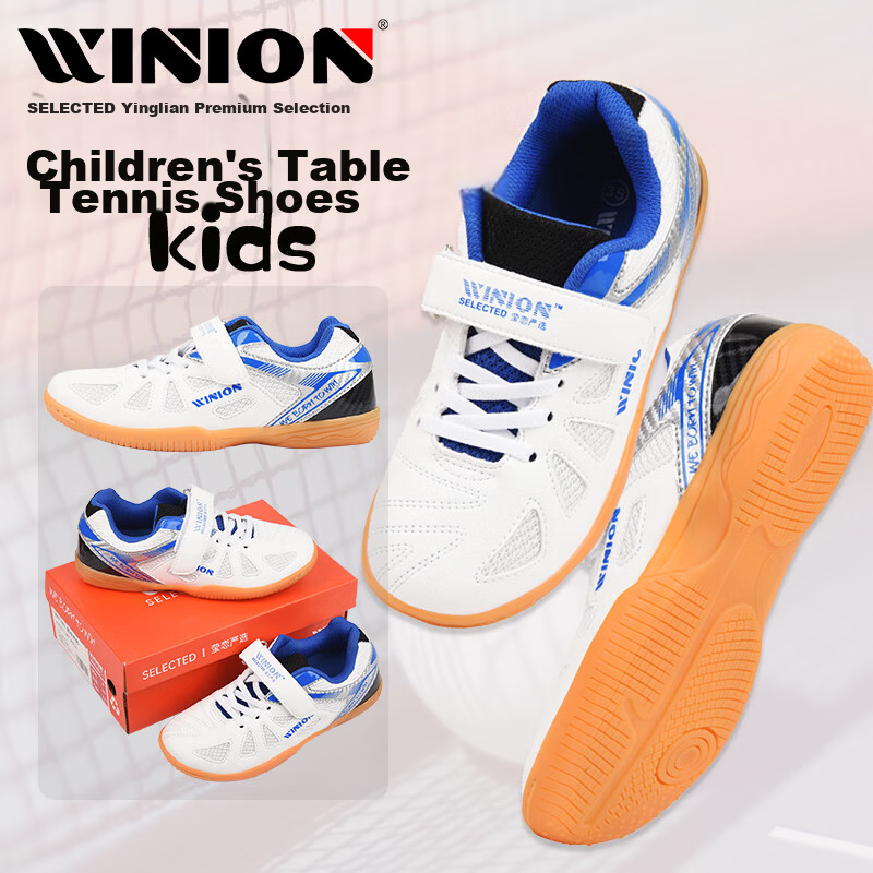 E-LIAN TT WINION Selected Children's Table Tennis Shoes Boys Girls Breathable Non-Slip Sports Shoes White Blue Size 30