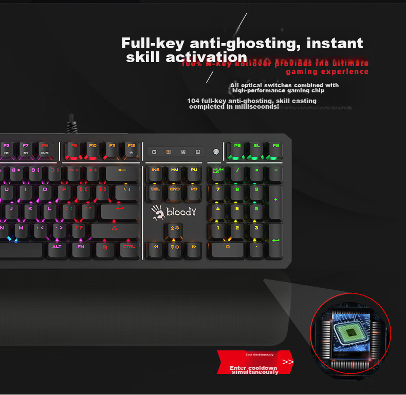 A4TECH B975 104-Key Mechanical Wired Gaming Keyboard Bloodhand Ghost Optical Switch Gunshot Edition Black 11