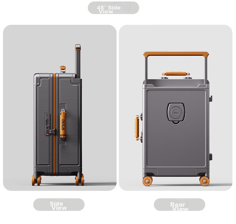 DULA Luggage Wide Handle Suitcase Multifunctional Small Carry-On Travel Password Lock Case Leather Suitcase in Ash Gray Brown 20 Inch 24