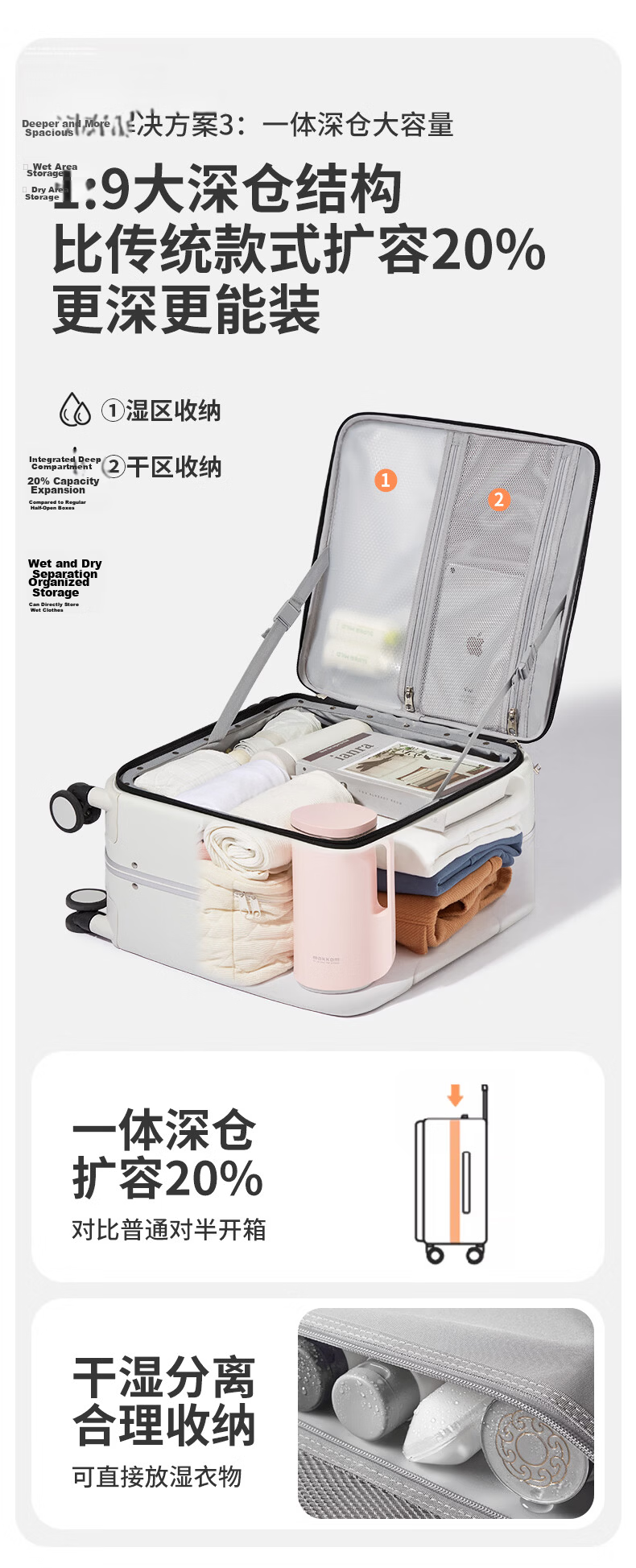 Mixi Side-Opening Aluminum Frame Suitcase, Men's Trolley Case, Luggage, Large Capacity Password Lock Suitcase, Travel Case for Women, 18 Inches, Smoke White 11