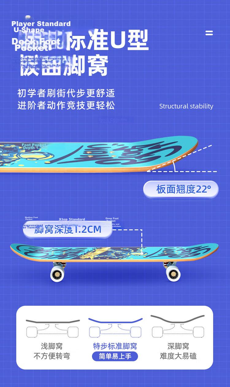 XTEP Children's Skateboard Double Kick Tail, Professional Model for Boys And Girls, Suitable for Teenagers And Beginners [Essential for Primary And Secondary School Skateboarding Courses] 6