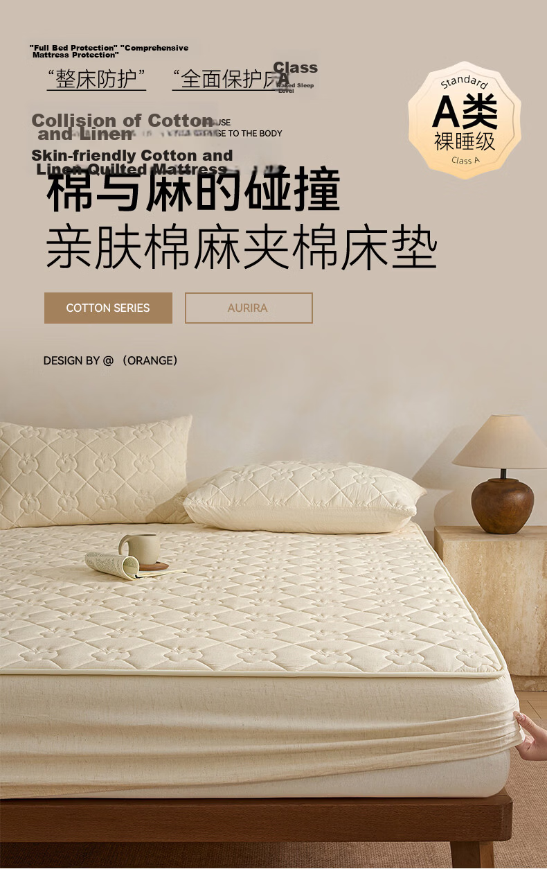Wuyinliangpin Pure Cotton Quilted Fitted Sheet, Single Piece, Pure Cotton, Double Bed, 1.8 Meters Wide, Bed Cover, Protective Cover, 1.8x2 Meters 1