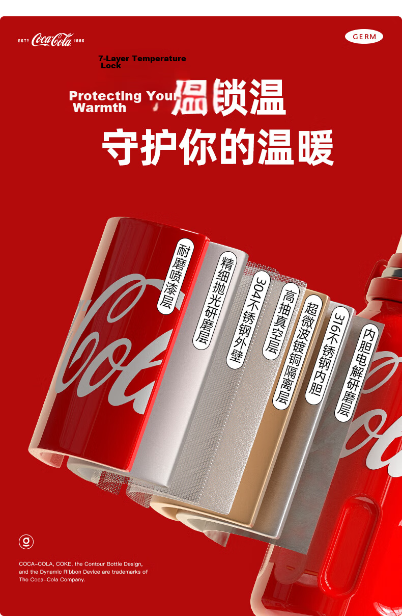 Germ Coca-Cola Rhythm Insulated Sports Water Bottle Large Capacity Car Travel Teacher's Day Gift 800ML White 10