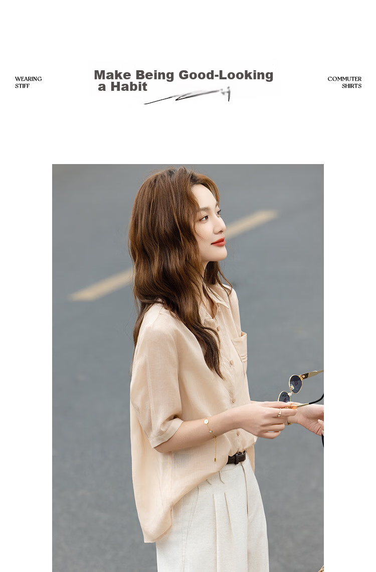 Demana [Ramie Lyocell Blend] Summer Elegant Small Turn-down Collar Pleated Patch Pocket Loose Slimming Shirt for Women High-end Feel 11