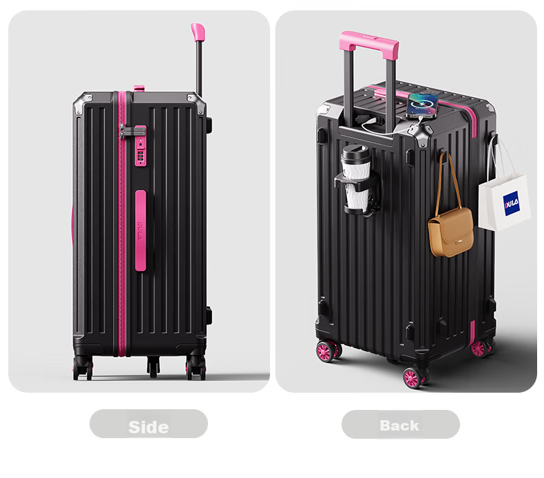 DULA Five-Wheel Large Capacity Suitcase with Cup Holder, Travel Luggage, Charging Trolley Case, Password Lock, Leather Suitcase, Glossy Black, 24 Inches 37