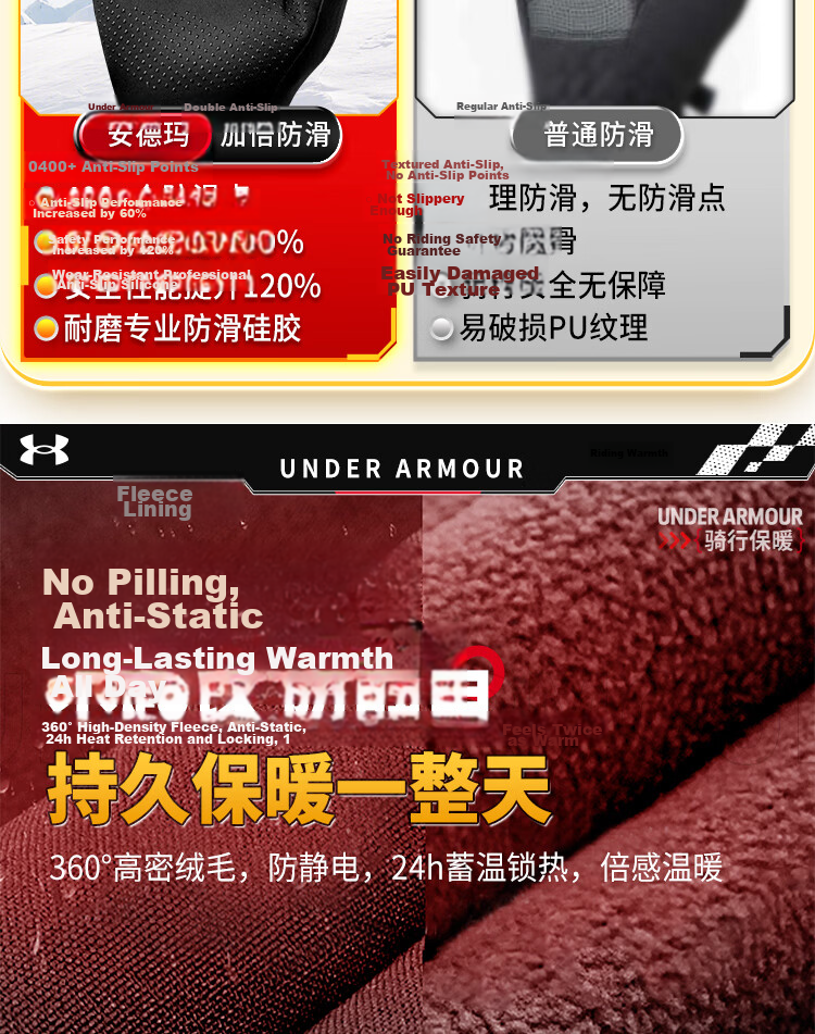 Under Armour Warm Gloves for Cycling, Winter Riding, Motorcycle Riding, Windproof, Electric Scooter Riding, Skiing, Cold Protection, Cotton Sports Equipment 9