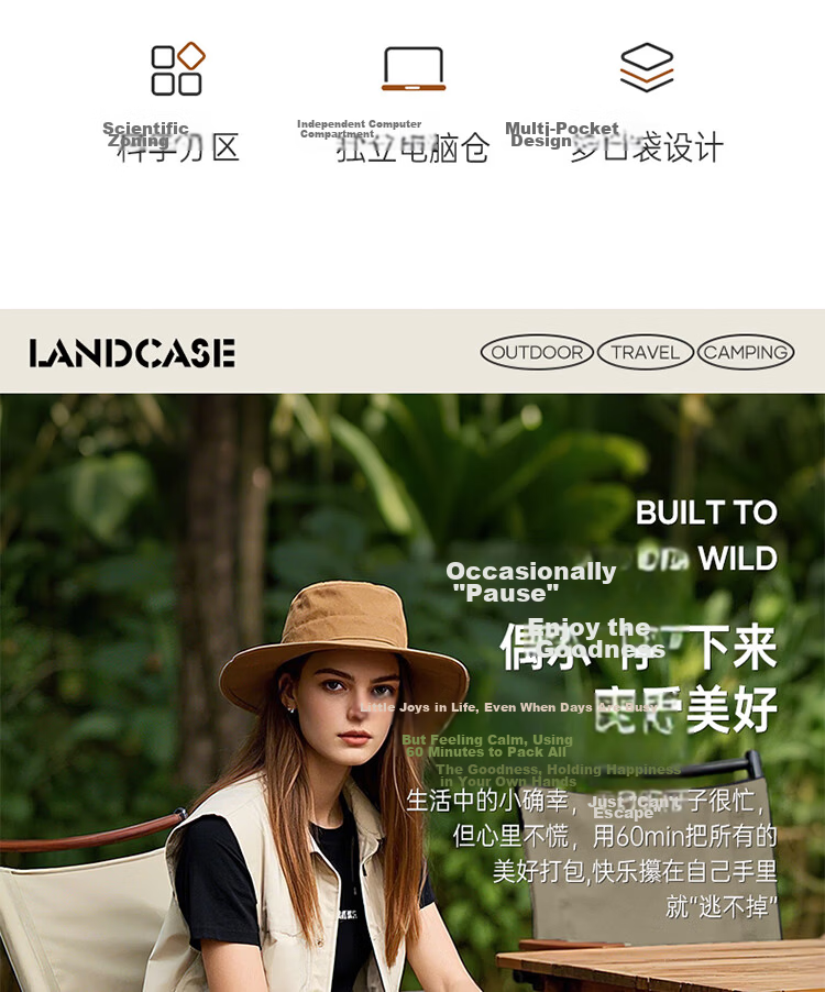 Landcase Backpack Travel Bag Women Large Capacity Double Shoulder Bag Men Short Trip Multi-functional Laptop Bag 5162 Beige Small Size 3