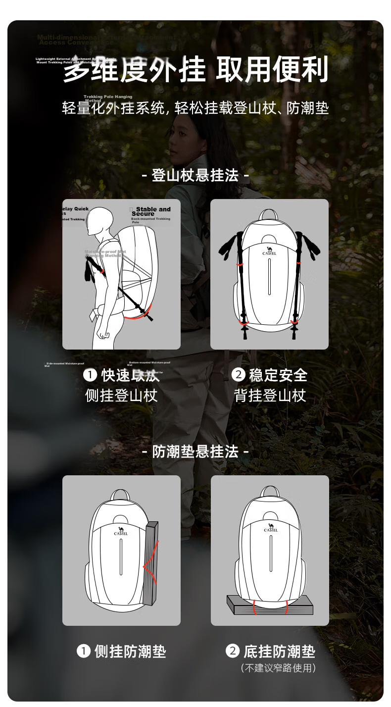 CAMEL [Shanxi] Outdoor Hiking Backpack for Men And Women, Large Capacity Lightweight Backpack for Trekking And Travel, Matcha Gree 19