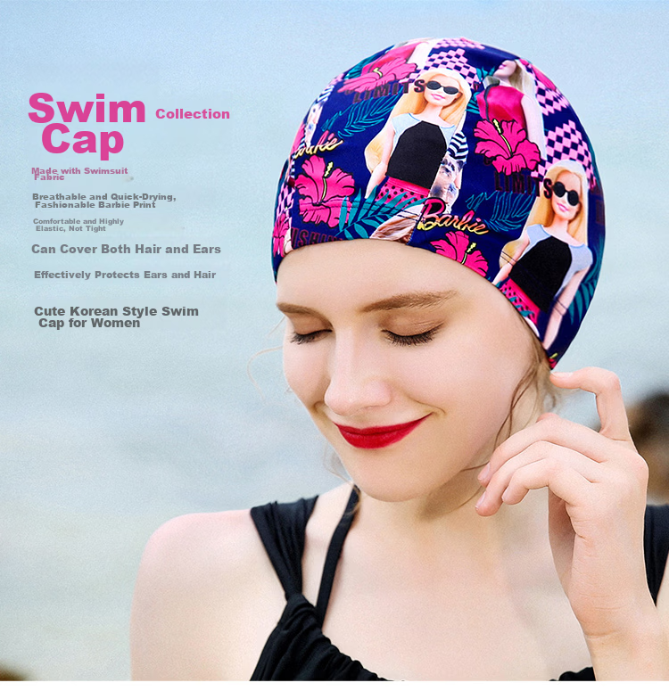 Barbie Fashion Printed Long Hair Ear-Protecting Swim Cap Women's Swimsuit Fabric High Elasticity Comfortable Quick-Dry Breathable Swimming Gear 1