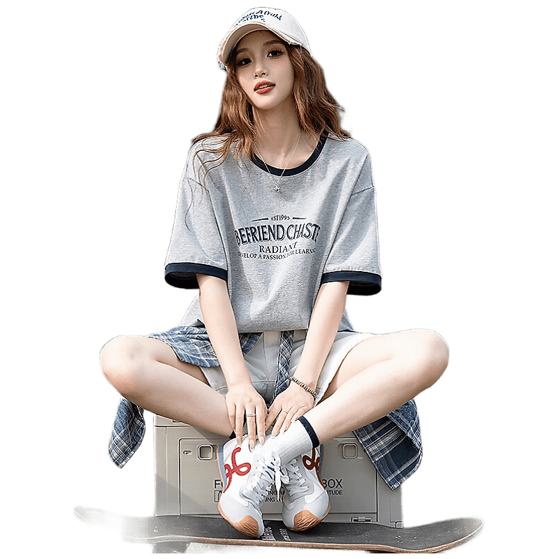 TonLion 2026 Summer Front Text Colorblock Short Sleeve T-Shirt Women's Comfortable Loose Casual Top
