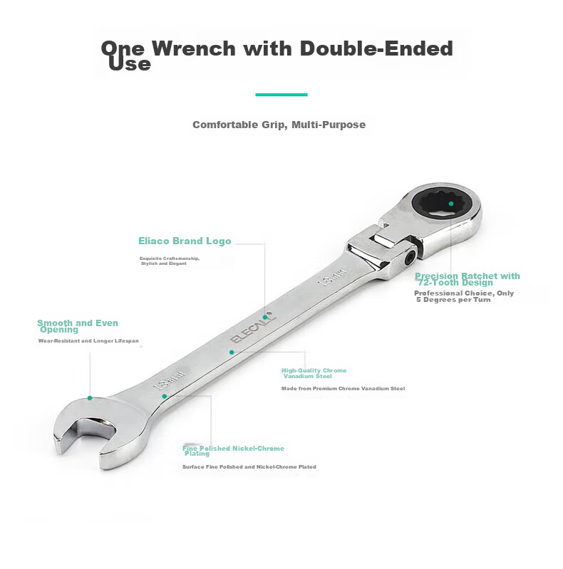 ELECALL Quick-Acting Ratchet Wrench with Adjustable Head, 6-24mm, Star-Shaped Dual-Use Open-End Wrench for Labor-Saving, 10mm Industrial And Household Use 4