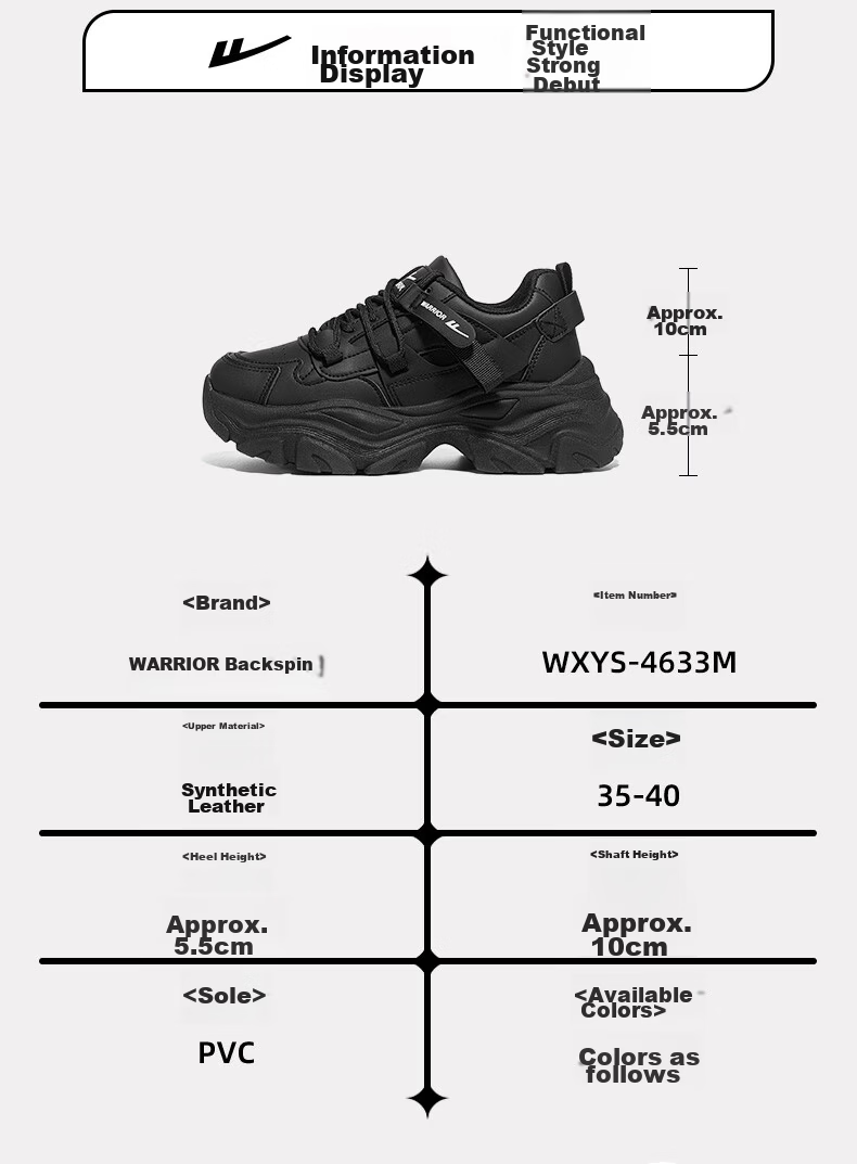 Warrior Official Women's Dad Sneakers 2026 Spring Autumn New Sports Shoes Comfortable Thick-soled Shoes Black Size 38 7