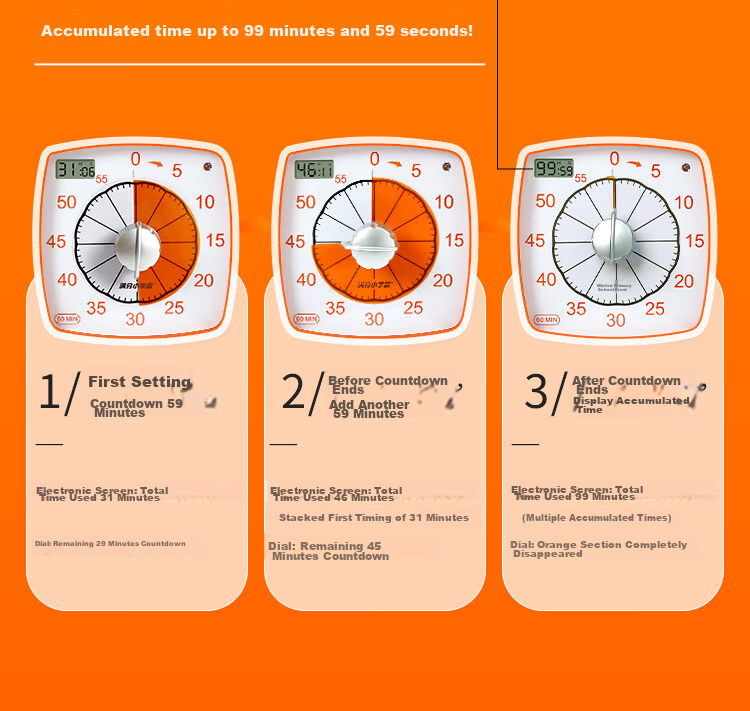 Perfect Score Little Scholar Orange Visual Timer Learning Dedicated Children's Self-Discipline Time Manager Timing Reminder Back to School Season 16