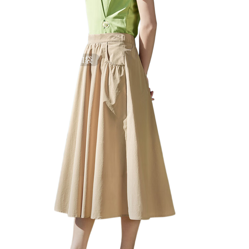 INMAN Summer Casual High-Waisted A-Line Skirt for Women, Elastic Waist, Loose Fit, Slimming, Mid-Length Skirt, Dark Khaki, Size S