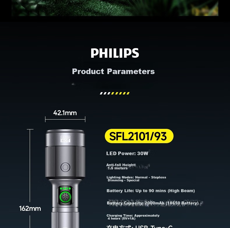 PHILIPS Multifunctional High-Power Flashlight Long Battery Life Adjustable Camping Light Detachable Battery SFL6253 29