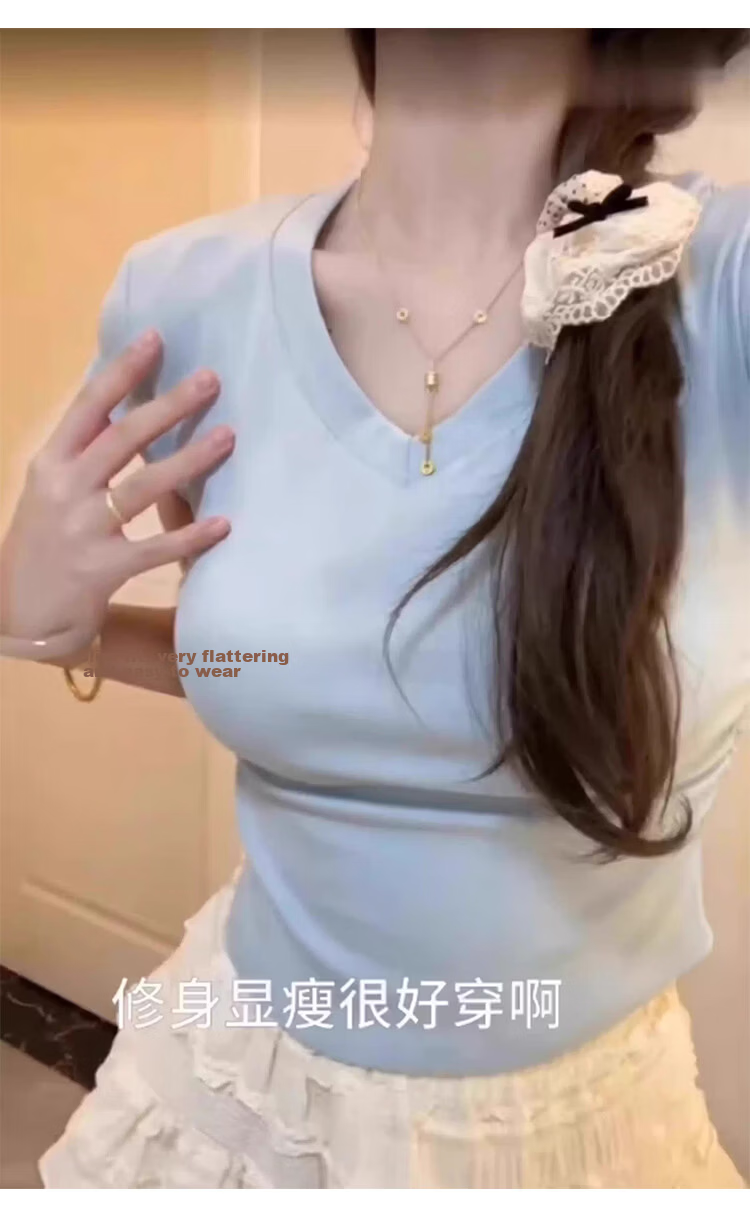 Shuangxing Women's V-Neck Short Sleeve T-Shirt Spring Summer New Design Pleated Waist Slim Fit Cropped Top Navy Blue S 9