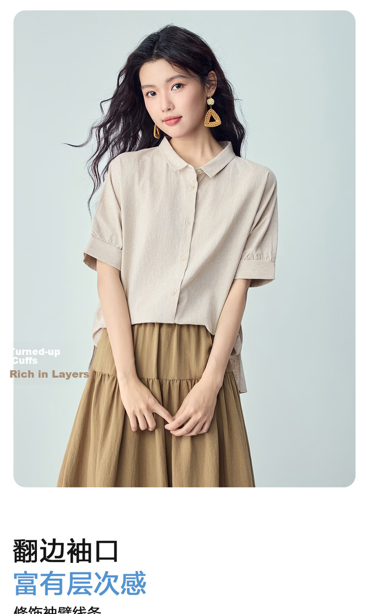Giordano 2026 Summer New Cotton Linen Small Turn-down Collar Asymmetric Hem Linen Shirt for Women Short Sleeve 13346237 7