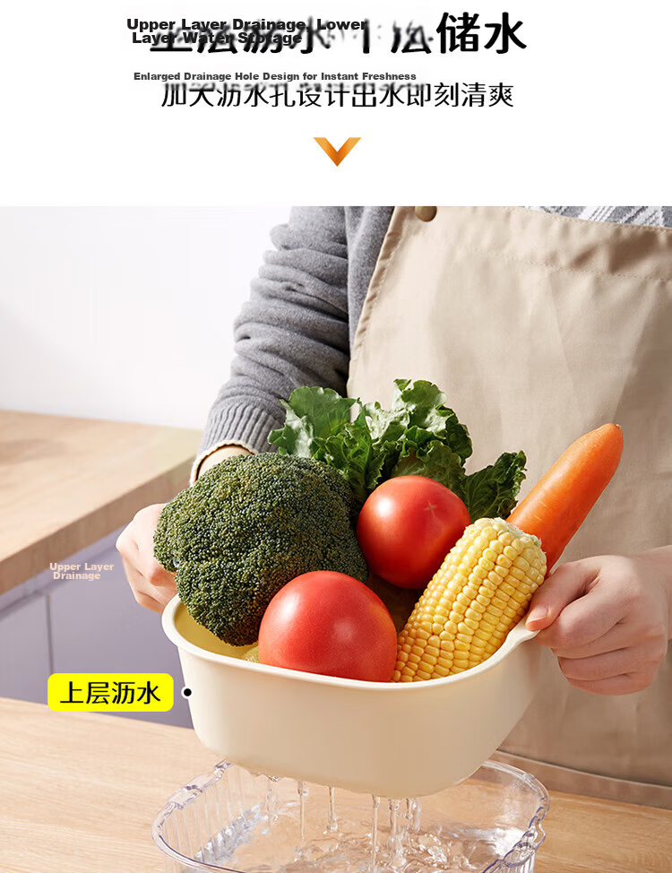 Baijie Double-Layer Vegetable Washing and Draining Basket Fruit Basket Basin Strainer Kitchen Vegetable Basket Household Fruit Plate Multifunctional Washing Basin Set 5