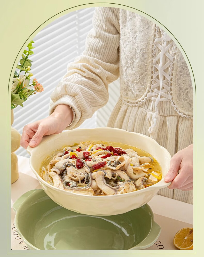 PINYU Sauerkraut Fish Large Bowl with Double Handles, 10-Inch Soup Bowl for Home Use, Specially Designed for Boiled Fish And Crayfish, Milk White 2