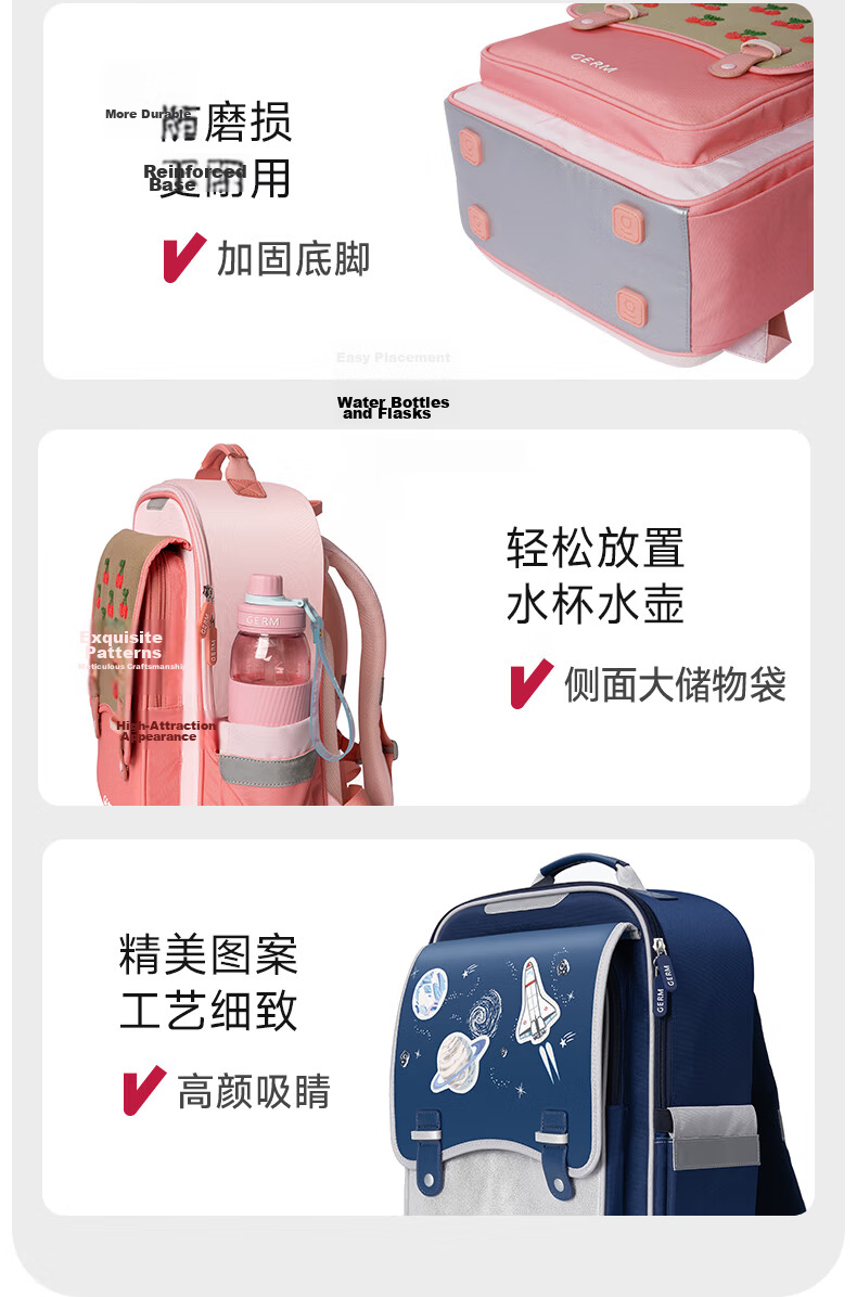 Germ Children's Backpack for Primary School Students, Lightweight for Grades One to Six, Large Capacity Schoolbag for Boys And Girls, Pink Cherry 14