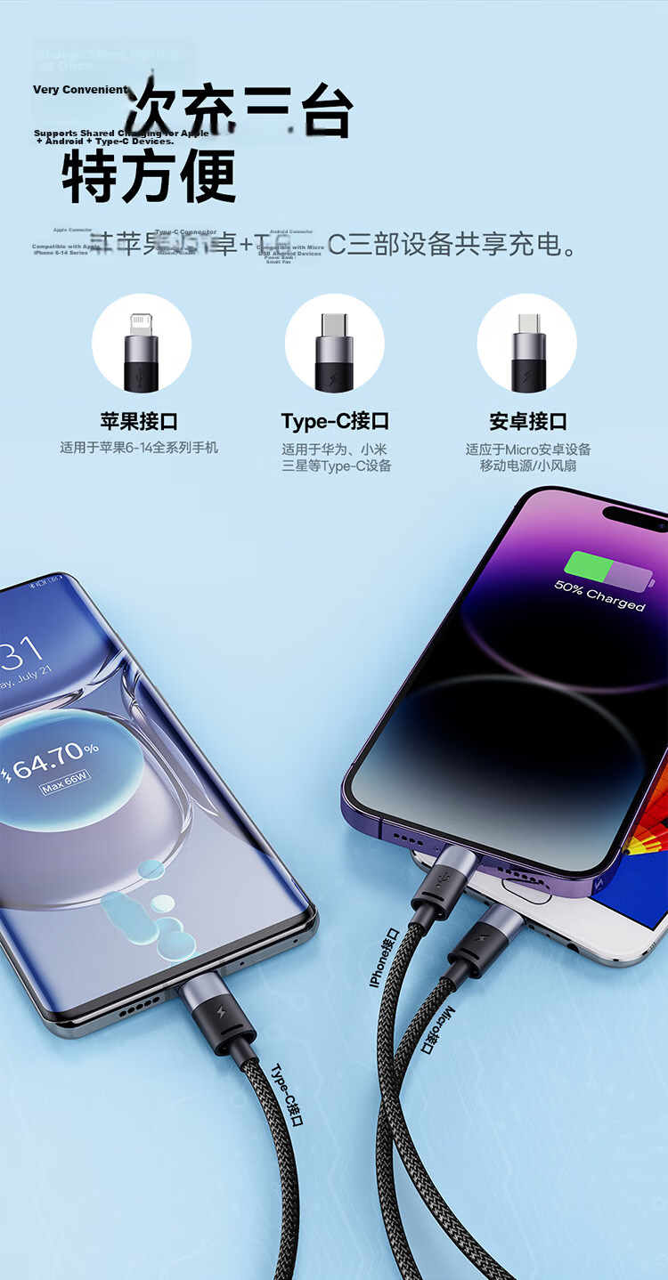 BASEUS Data Cable Three-In Type-C Apple Charging Cord, One-To Compatible with IPhone 18/17/16/15/14/13, Xiaomi, Huawei Phones, Car Charger, 1.2 Meters, Purple 4