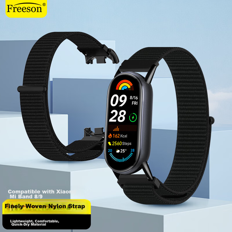 Freeson Replacement Breathable Nylon Loop Magic Tape Strap for Xiaomi Mi Band 10/9/8 Smart Sports Watch Black