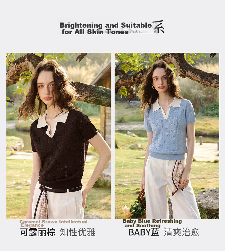 Olrain Colorblock Polo Collar Knit Pullover Women's Summer New Simple Commuter Top Brown M 8