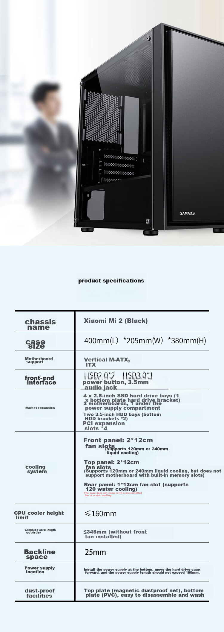 SAMA Pingtouge M9 Black, Desktop M-ATX Computer Case, Glass Side Panel/ Front Mesh Cooling/ Supports 360mm Water Cooling/ Standard Type-C Port/ Three-Sided Dust Protectio 11