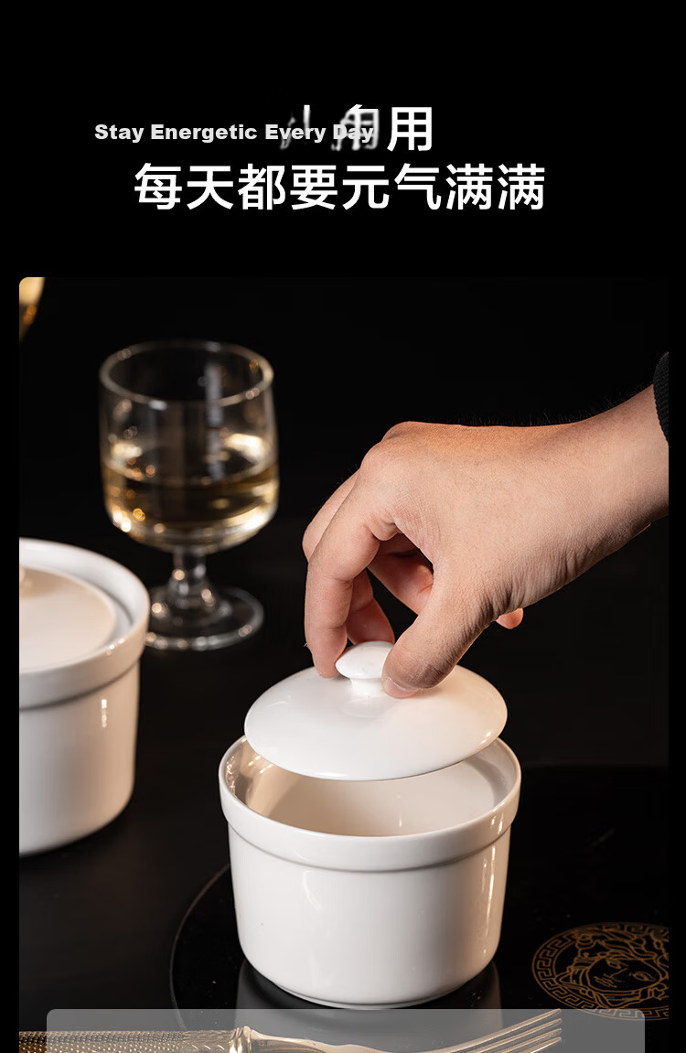 JD Original Ceramic Stew Pot [Traditional Earthenware], Steamed Egg And Baby Food Pot with Lid, Free Spoon Included, Earthenware 450ML White 2-Pack 3