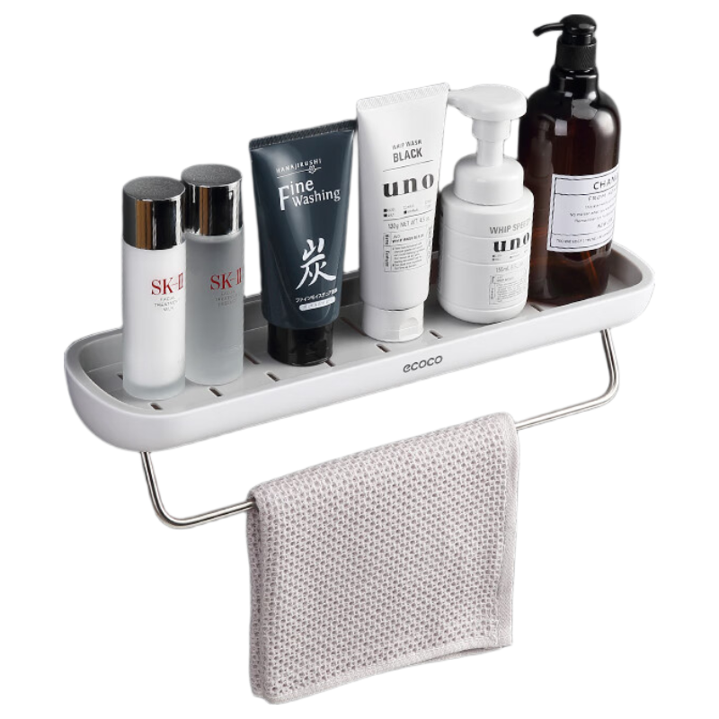 Ecoco Bathroom Storage Rack, No Drilling Required, Wall-Mounted Shower Gel Holder, Towel Bar, Moisture-Proof, Extended Length, for Bathroom And Restroom